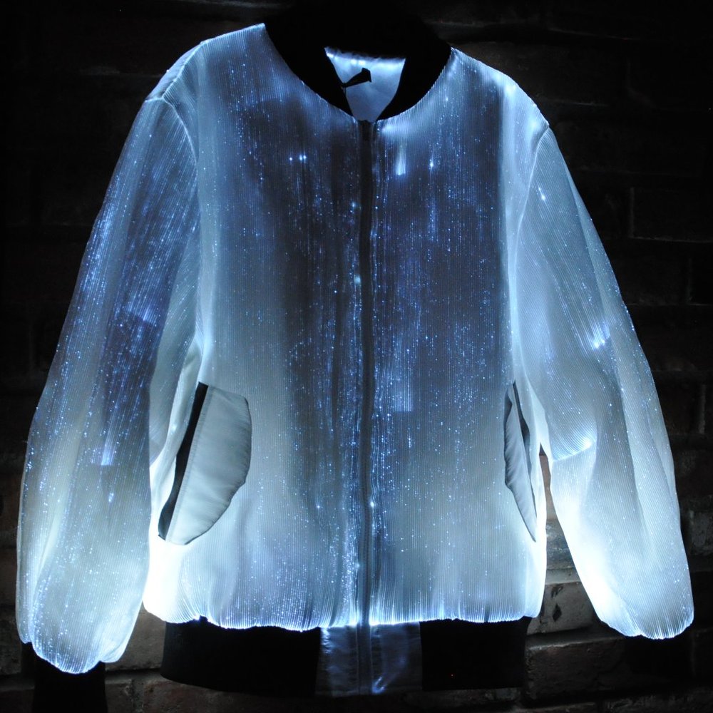 New Fiber Optic Light Up White Bomber Jacket Clubwear Party Grad Prom Groom L